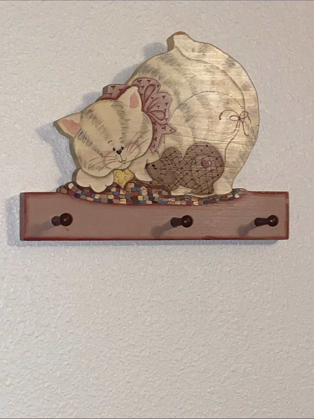 Cream and Pink Cat Wall Hook Rack - Decorative Home Wall Decor